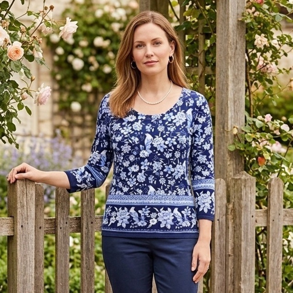 Talbots Floral Bird Print Sweater Womens Medium Blue Cottagecore Botanical